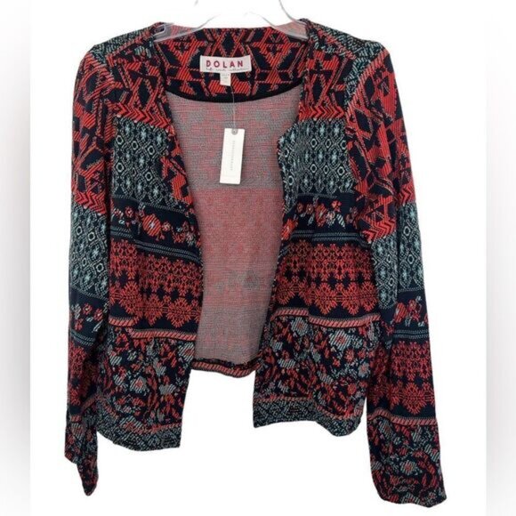Anthropologie Dolan Red/Blue Multi Abstract Southwestern Knit Open Jacket Large - Picture 2 of 12